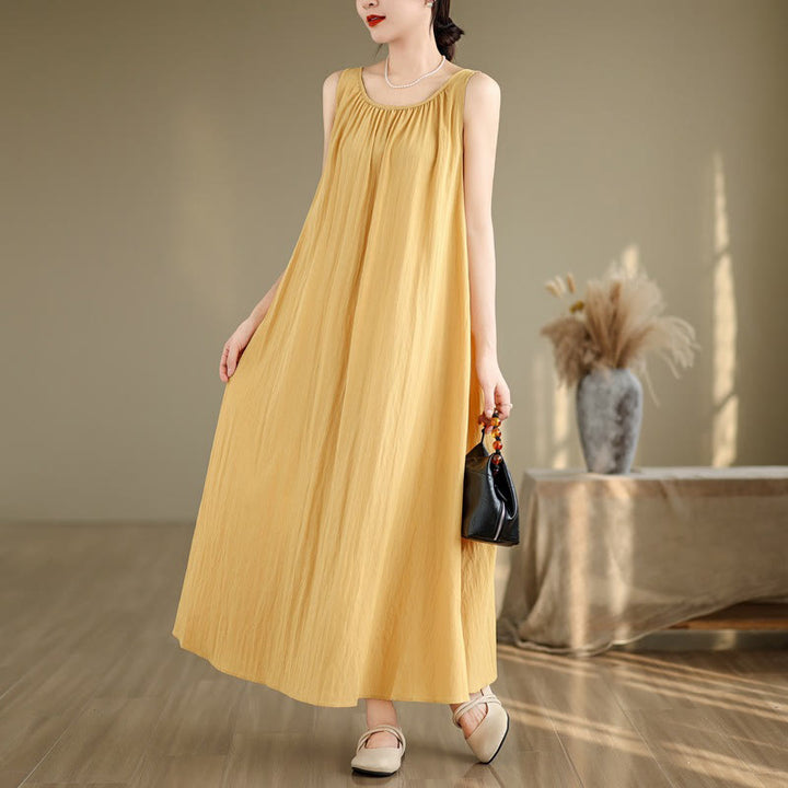 Vestido midi de algodón con cuello redondo, sin mangas, diseño plisado, informal, de verano, con estampado Buddha Stones y bolsillos - Caqui - US8-10,UK/AU12-14,EU40-42 (2XL) - image 3
