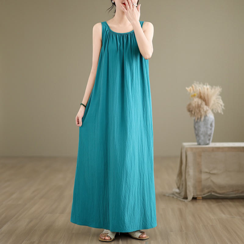 Vestido midi de algodón con cuello redondo, sin mangas, diseño plisado, informal, de verano, con estampado Buddha Stones y bolsillos - Turquesa medio - US8-10,UK/AU12-14,EU40-42 (2XL) - image 2
