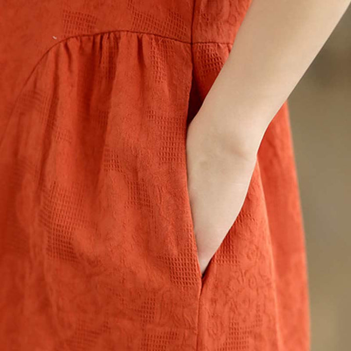 Vestido midi de algodón y lino con solapa de jacquard liso y manga corta con bolsillos y estampado Buddha Stones - image 17