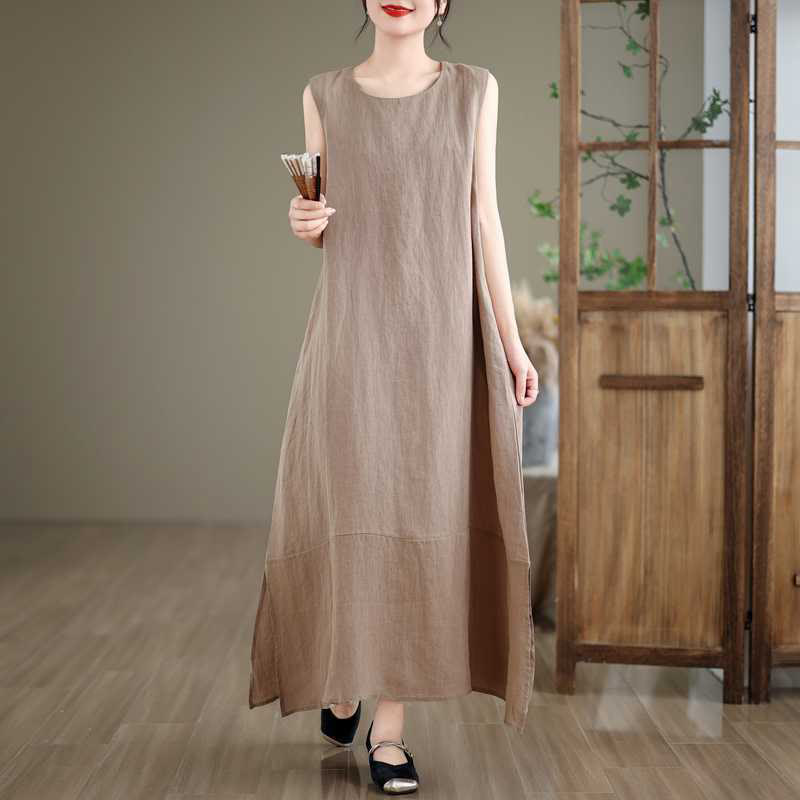 Vestido midi de lino y algodón sin mangas, liso, irregular, de primavera, con bolsillos, de Buddha Stones - Caqui oscuro - US8-10,UK/AU12-14,EU40-42 (2XL) - image 0