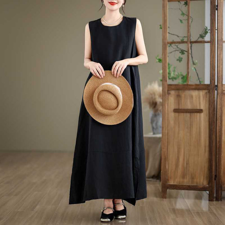 Vestido midi de lino y algodón sin mangas, liso, irregular, de primavera, con bolsillos, de Buddha Stones - Negro - US8-10,UK/AU12-14,EU40-42 (2XL) - image 10