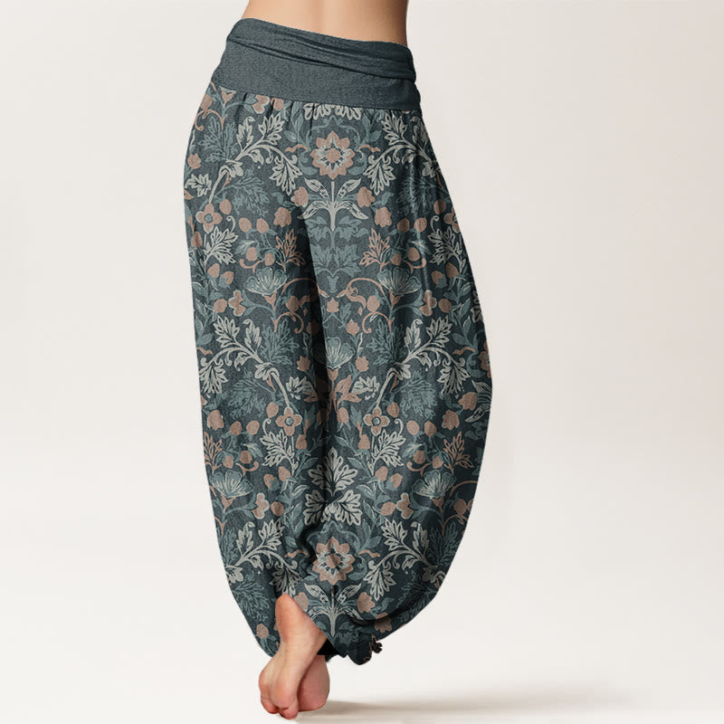 Pantalones Buddha Stones de algodón puro con estampado de flores y hojas de parra para mujer, cintura elástica