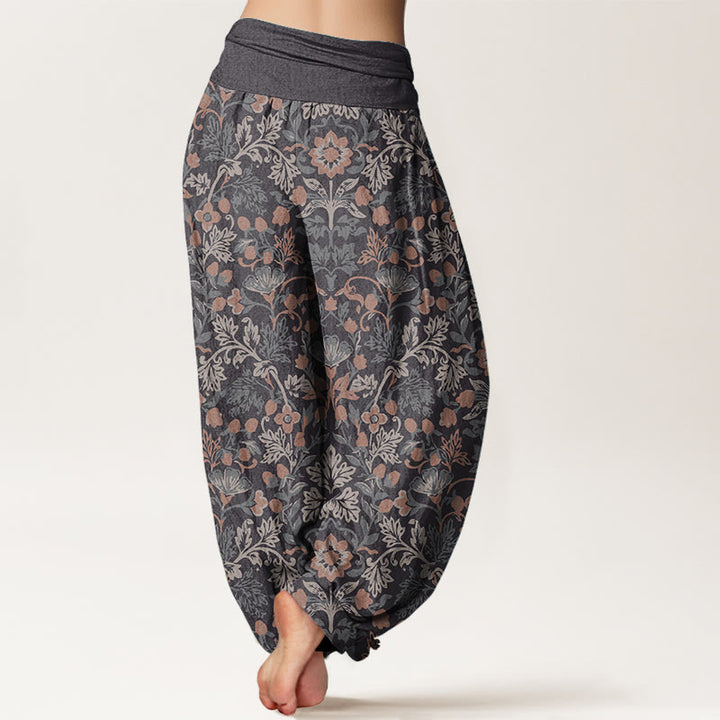 Pantalones Buddha Stones de algodón puro con estampado de flores y hojas de parra para mujer, cintura elástica