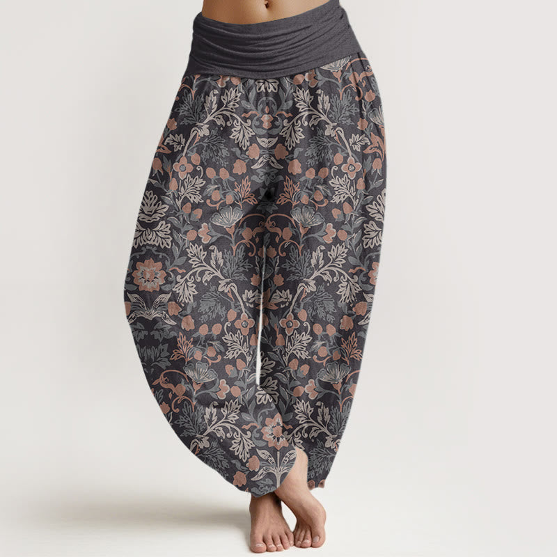 Pantalones Buddha Stones de algodón puro con estampado de flores y hojas de parra para mujer, cintura elástica