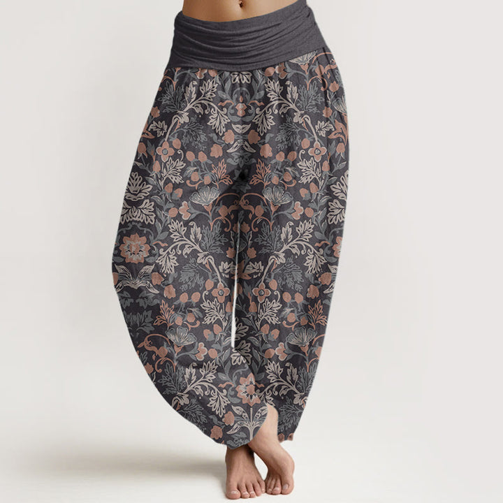 Pantalones Buddha Stones de algodón puro con estampado de flores y hojas de parra para mujer, cintura elástica