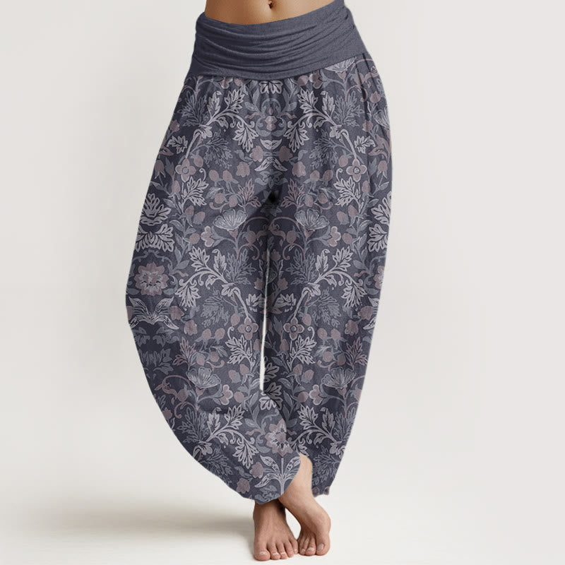 Pantalones Buddha Stones de algodón puro con estampado de flores y hojas de parra para mujer, cintura elástica