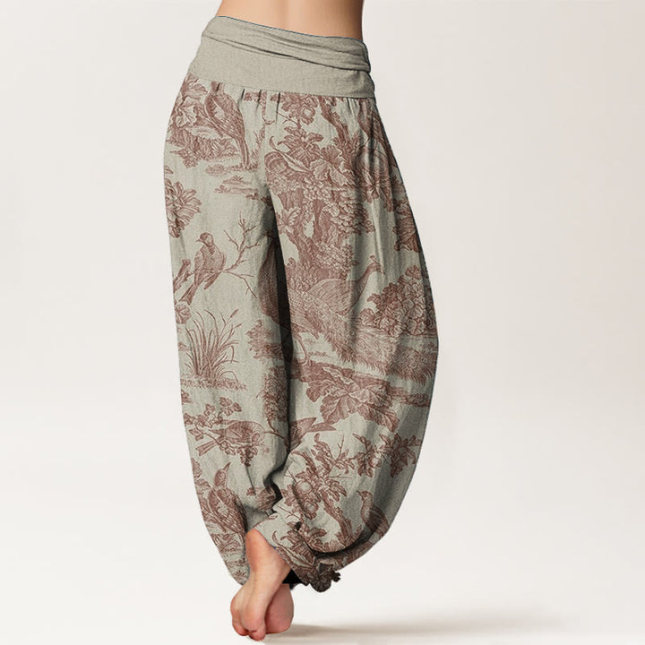 Pantalones Buddha Stones de algodón puro con diseño de pájaros, ramas y árboles para mujer, con cintura elástica