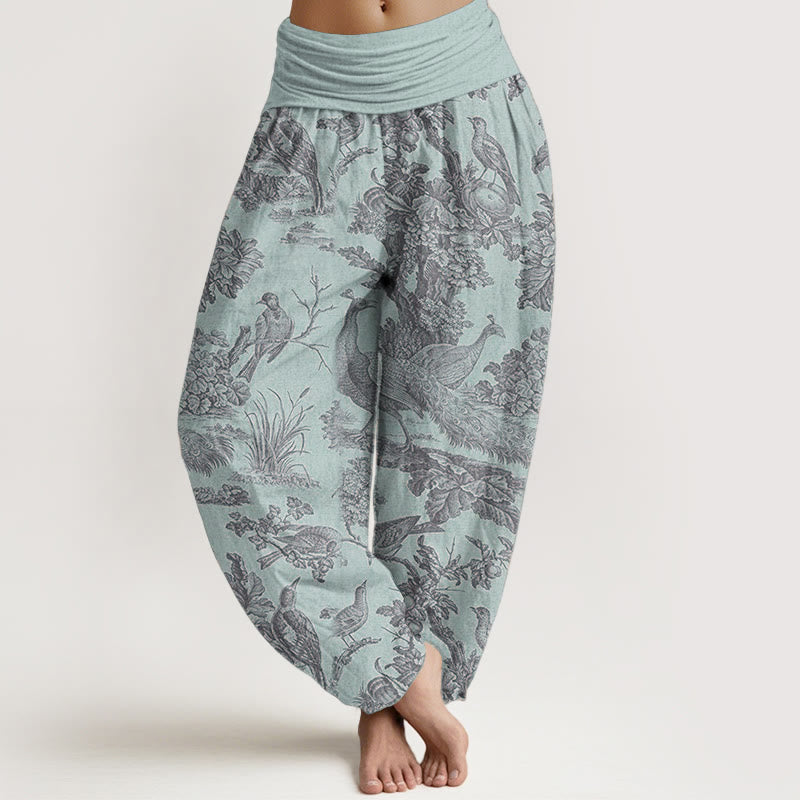 Pantalones Buddha Stones de algodón puro con diseño de pájaros, ramas y árboles para mujer, con cintura elástica