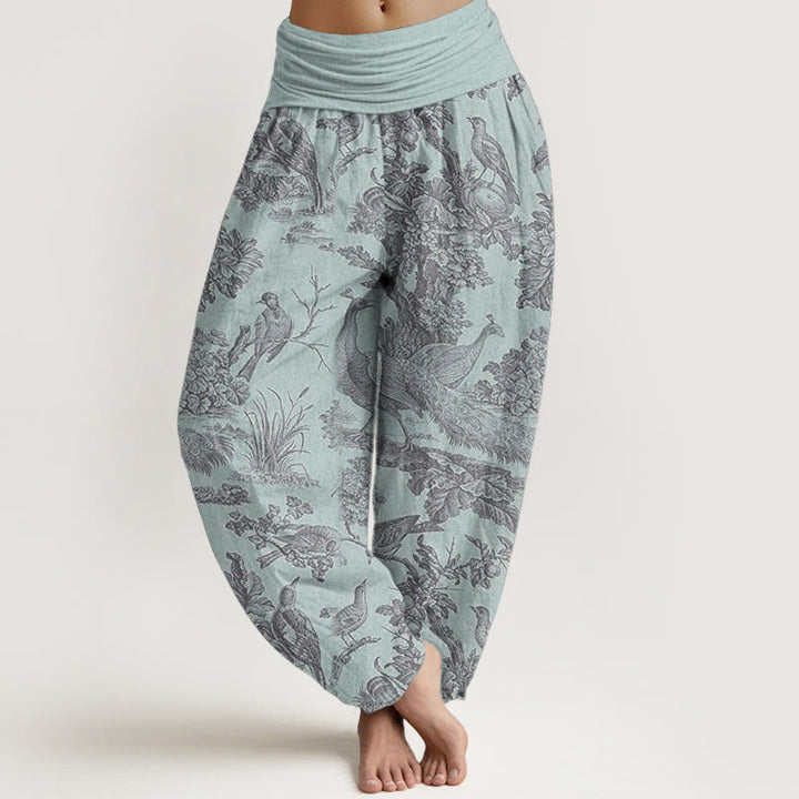 Pantalones Buddha Stones de algodón puro con diseño de pájaros, ramas y árboles para mujer, con cintura elástica