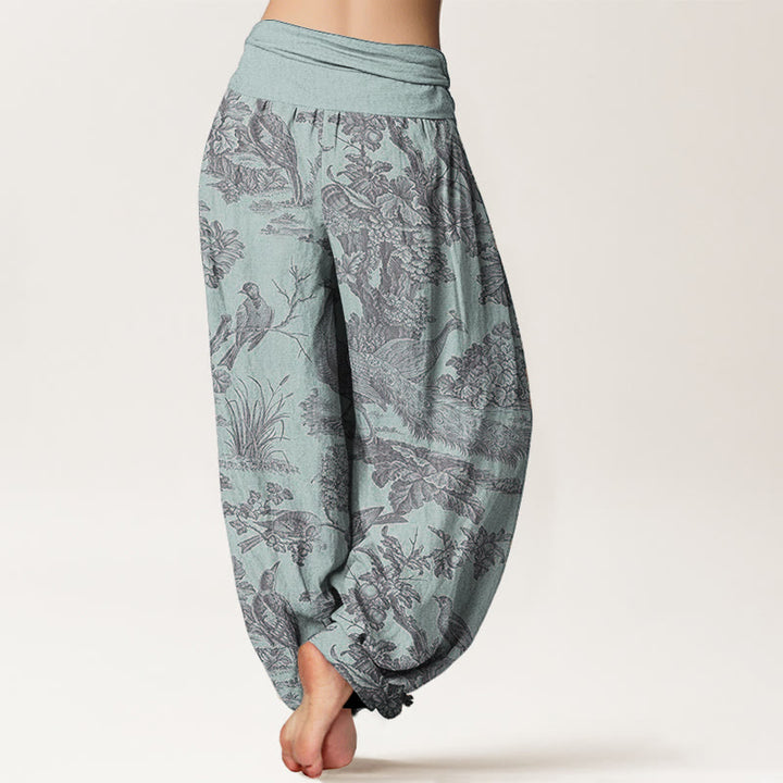 Pantalones Buddha Stones de algodón puro con diseño de pájaros, ramas y árboles para mujer, con cintura elástica