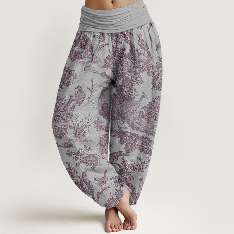 Pantalones Buddha Stones de algodón puro con diseño de pájaros, ramas y árboles para mujer, con cintura elástica