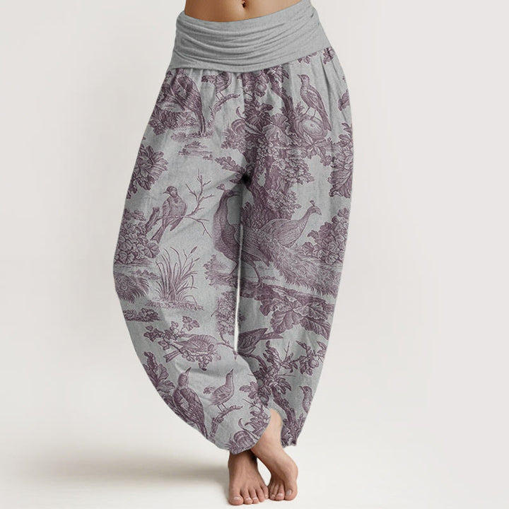 Pantalones Buddha Stones de algodón puro con diseño de pájaros, ramas y árboles para mujer, con cintura elástica