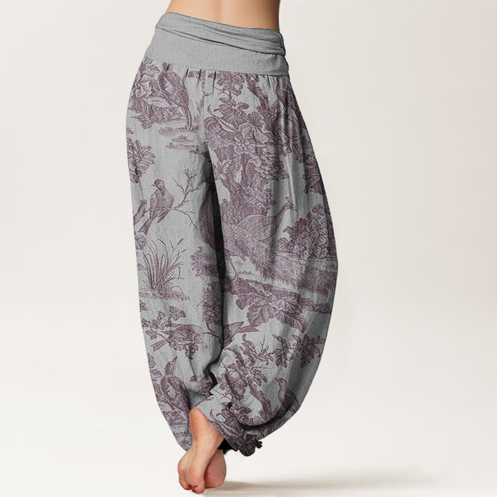 Pantalones Buddha Stones de algodón puro con diseño de pájaros, ramas y árboles para mujer, con cintura elástica