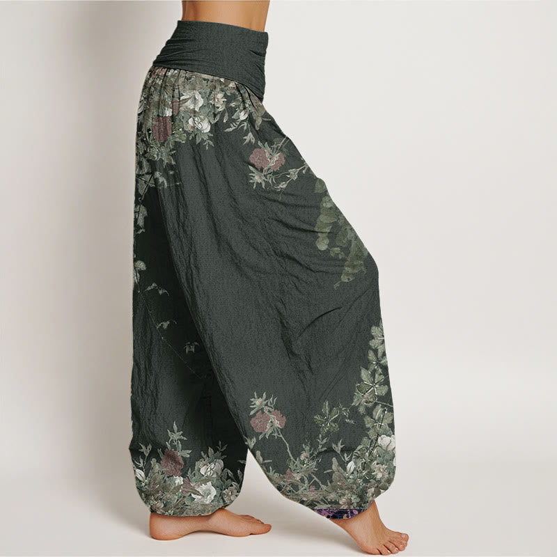 Pantalones Buddha Stones de algodón puro con diseño de peonías rojas y cintura elástica para mujer