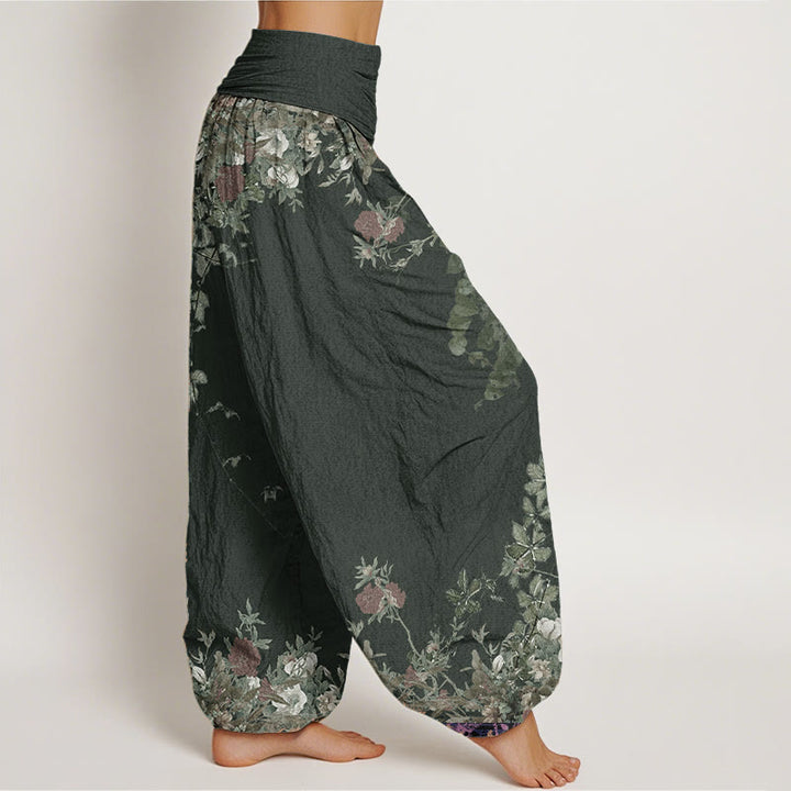 Pantalones Buddha Stones de algodón puro con diseño de peonías rojas y cintura elástica para mujer
