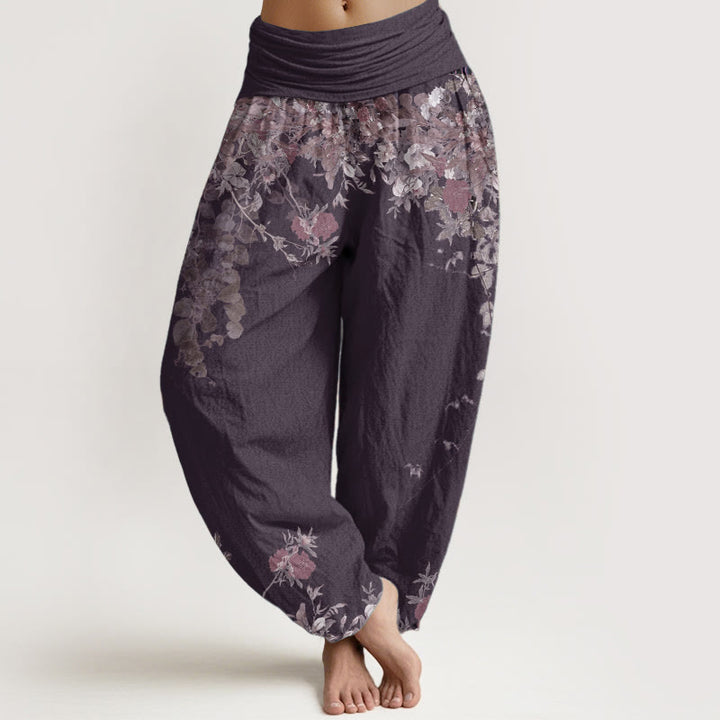Pantalones Buddha Stones de algodón puro con diseño de peonías rojas y cintura elástica para mujer