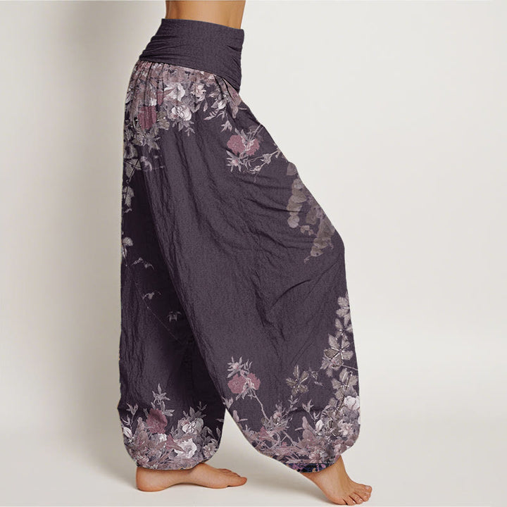 Pantalones Buddha Stones de algodón puro con diseño de peonías rojas y cintura elástica para mujer