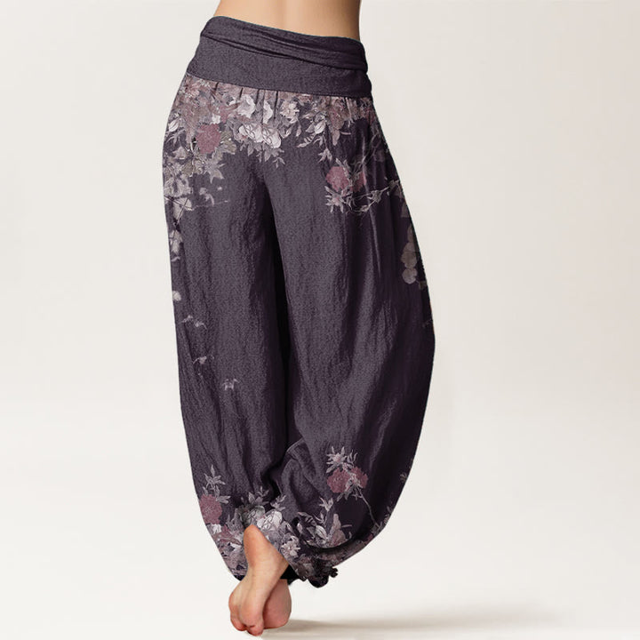 Pantalones Buddha Stones de algodón puro con diseño de peonías rojas y cintura elástica para mujer
