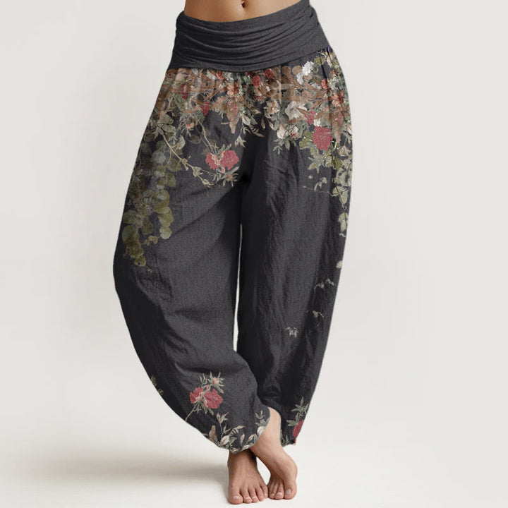 Pantalones Buddha Stones de algodón puro con diseño de peonías rojas y cintura elástica para mujer