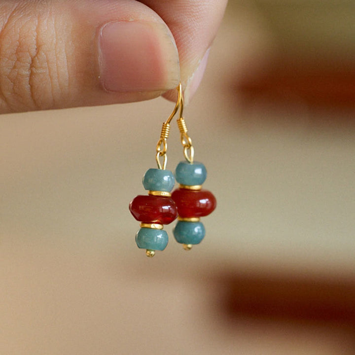 Pendientes de la suerte de plata de ley 925 con Buddha Stones , jade y ágata roja