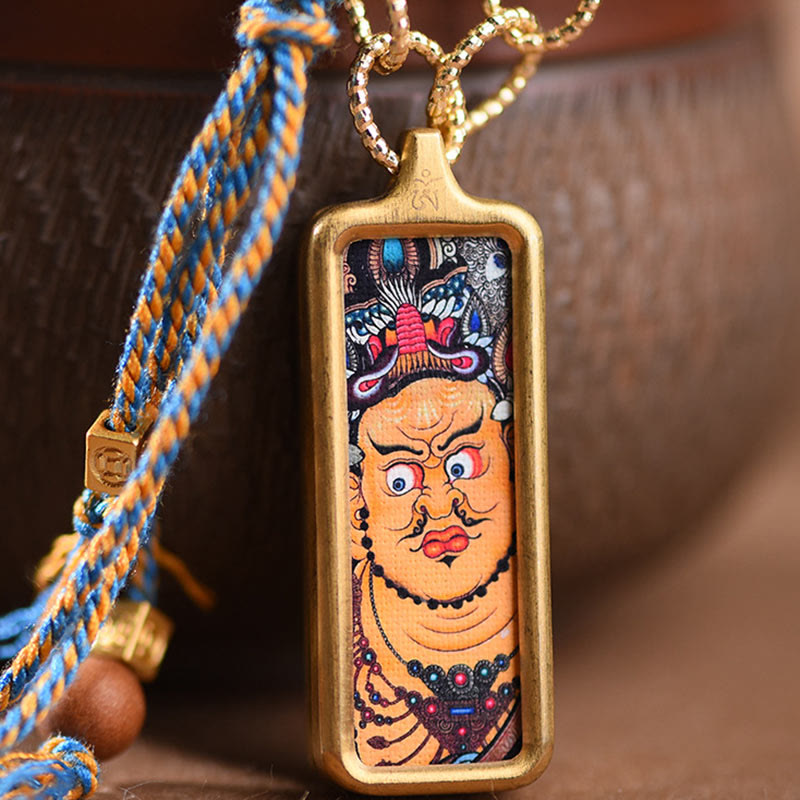 Colgante de collar de la riqueza con Thangka de acero de titanio y Buddha Stones del Tíbet, dios de la riqueza