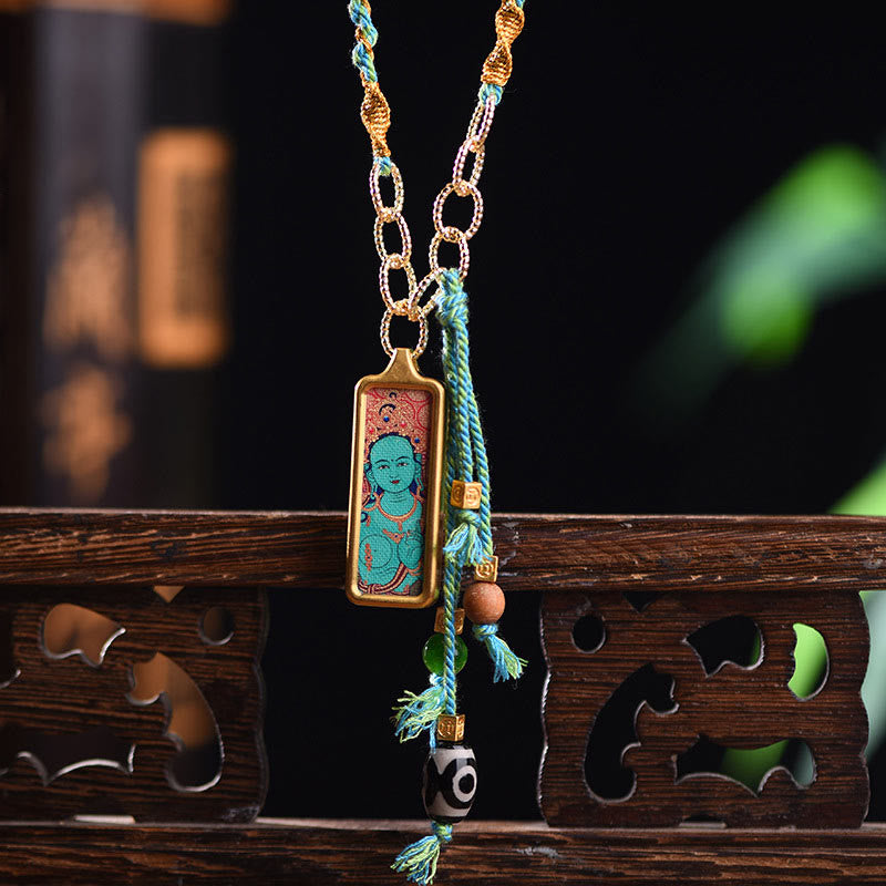 Colgante de collar de la riqueza con Thangka de acero de titanio y Buddha Stones del Tíbet, dios de la riqueza