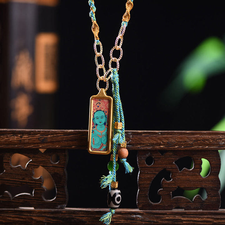 Colgante de collar de la riqueza con Thangka de acero de titanio y Buddha Stones del Tíbet, dios de la riqueza