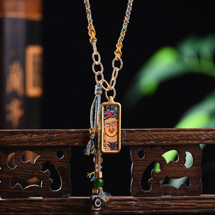 Colgante de collar de la riqueza con Thangka de acero de titanio y Buddha Stones del Tíbet, dios de la riqueza