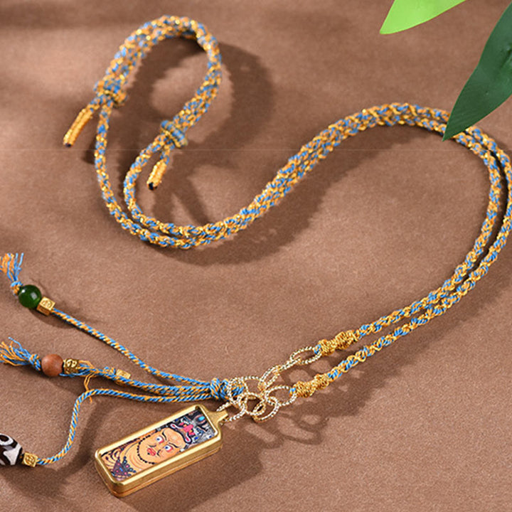 Colgante de collar de la riqueza con Thangka de acero de titanio y Buddha Stones del Tíbet, dios de la riqueza