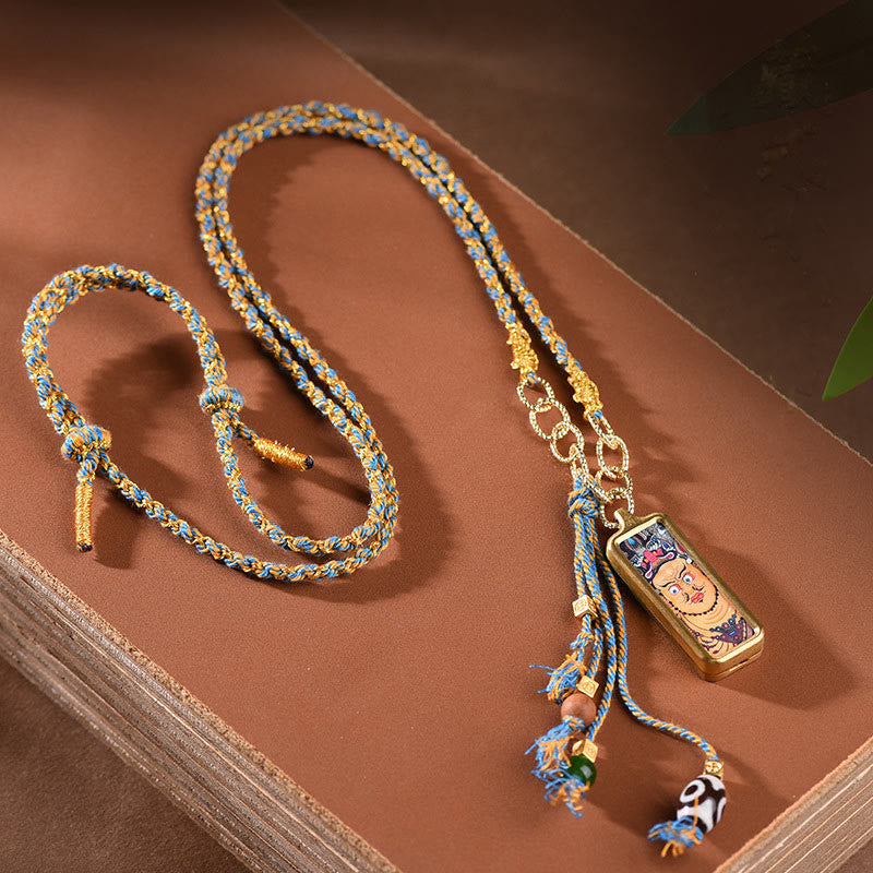 Colgante de collar de la riqueza con Thangka de acero de titanio y Buddha Stones del Tíbet, dios de la riqueza