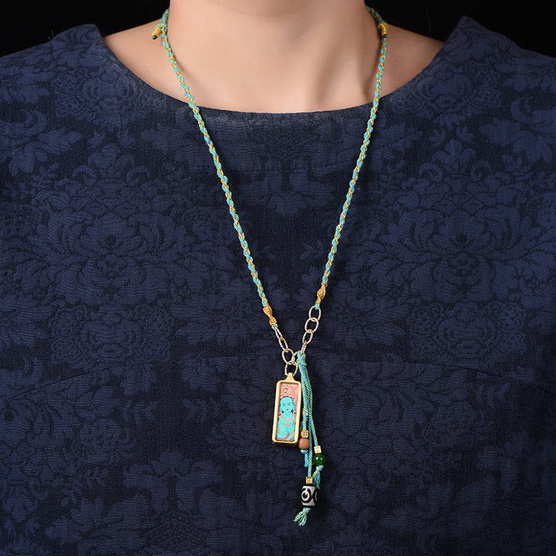 Colgante de collar de la riqueza con Thangka de acero de titanio y Buddha Stones del Tíbet, dios de la riqueza