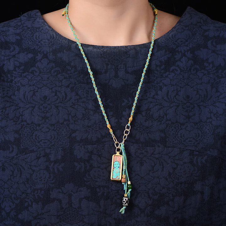 Colgante de collar de la riqueza con Thangka de acero de titanio y Buddha Stones del Tíbet, dios de la riqueza