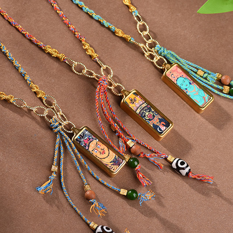 Colgante de collar de la riqueza con Thangka de acero de titanio y Buddha Stones del Tíbet, dios de la riqueza