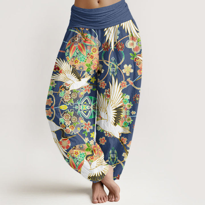 Pantalones harén para mujer con cintura elástica y estampado floral geométrico con grullas y Buddha Stones - Azul real - US22,UK/AU26,EU54 (6XL) - image 1