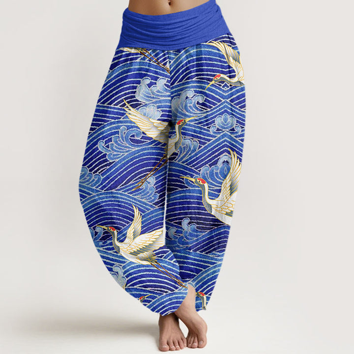 Pantalones harén para mujer con cintura elástica y estampado de olas del océano y grullas informales con Buddha Stones - Azul pizarra - US22,UK/AU26,EU54 (6XL) - image 1