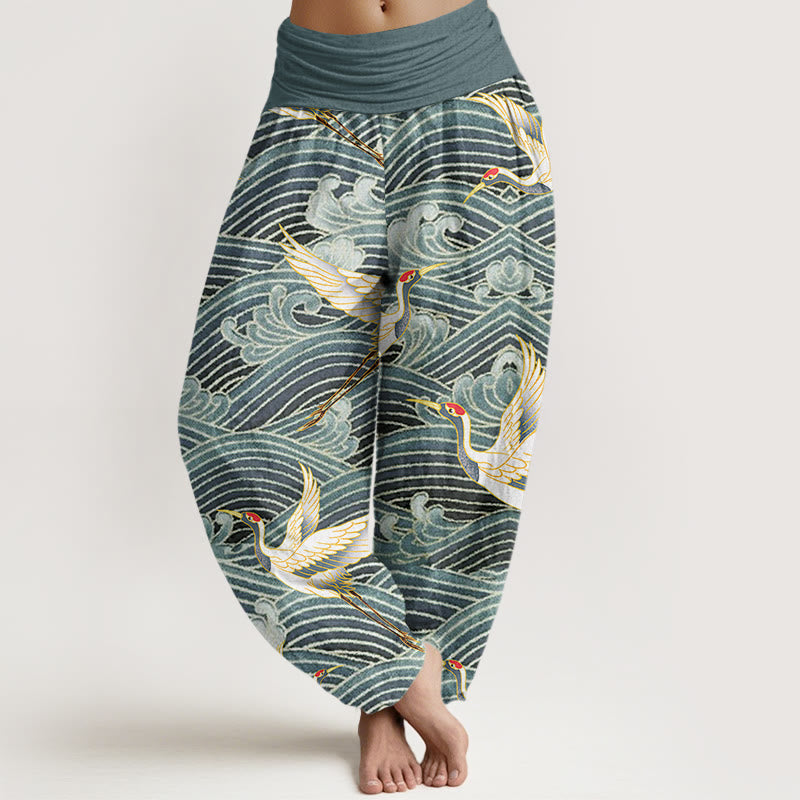 Pantalones harén para mujer con cintura elástica y estampado de olas del océano y grullas informales con Buddha Stones - Cadete Azul - US22,UK/AU26,EU54 (6XL) - image 5