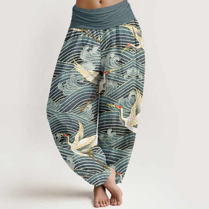 Pantalones harén para mujer con cintura elástica y estampado de olas del océano y grullas informales con Buddha Stones - Cadete Azul - US22,UK/AU26,EU54 (6XL) - image 5