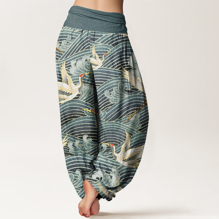 Pantalones harén para mujer con cintura elástica y estampado de olas del océano y grullas informales con Buddha Stones - image 6
