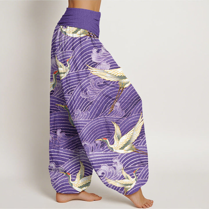 Pantalones harén para mujer con cintura elástica y estampado de olas del océano y grullas informales con Buddha Stones - image 10