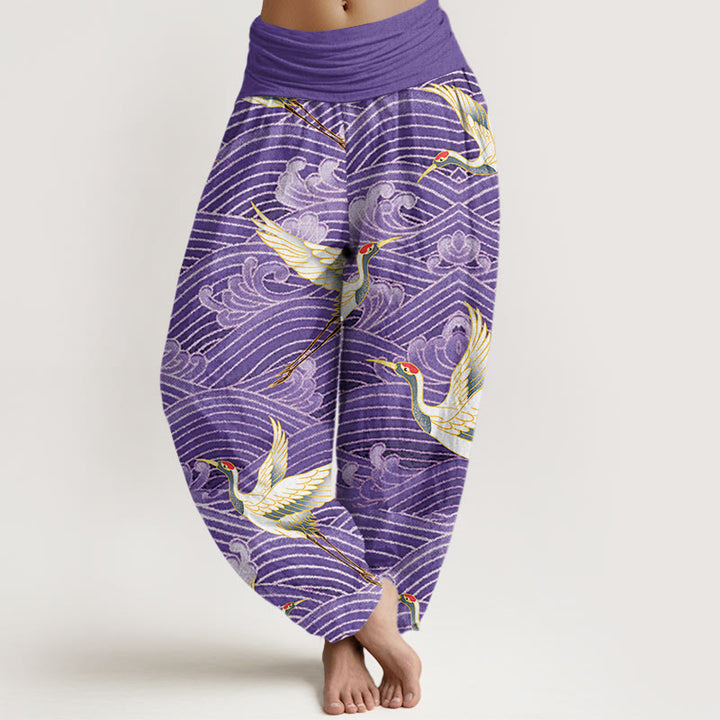 Pantalones harén para mujer con cintura elástica y estampado de olas del océano y grullas informales con Buddha Stones - Orquídea oscura - US22,UK/AU26,EU54 (6XL) - image 8