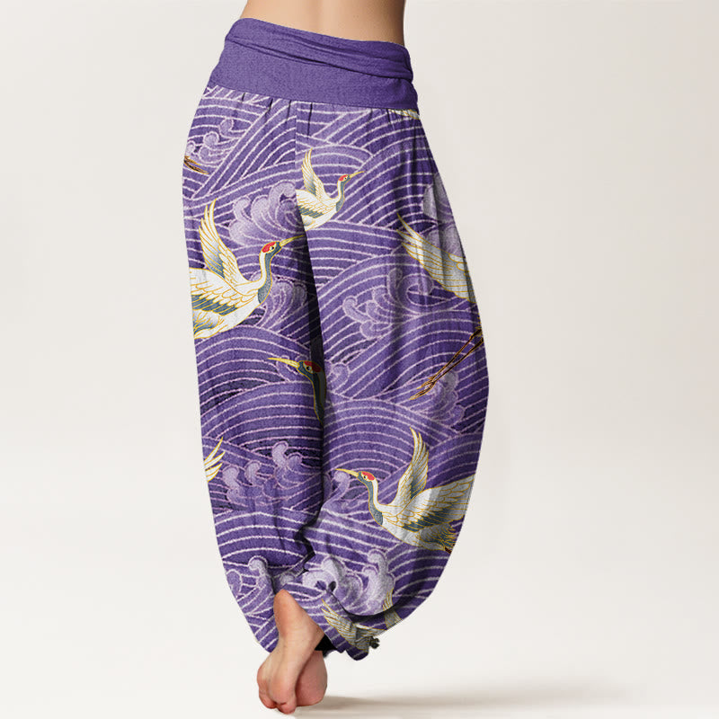 Pantalones harén para mujer con cintura elástica y estampado de olas del océano y grullas informales con Buddha Stones - image 9