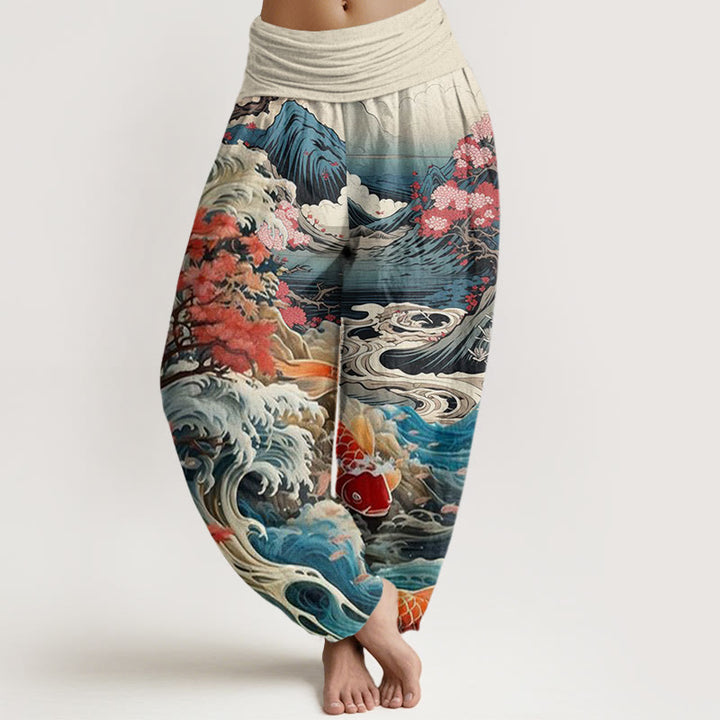 Pantalones harén con cintura elástica para mujer, diseño informal con diseño de Buddha Stones, árbol floreciente, peces koi, olas y montañas - Beige - US22,UK/AU26,EU54 (6XL) - image 0
