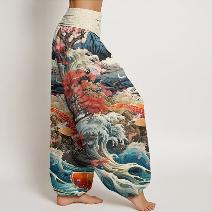 Pantalones harén con cintura elástica para mujer, diseño informal con diseño de Buddha Stones, árbol floreciente, peces koi, olas y montañas - image 2