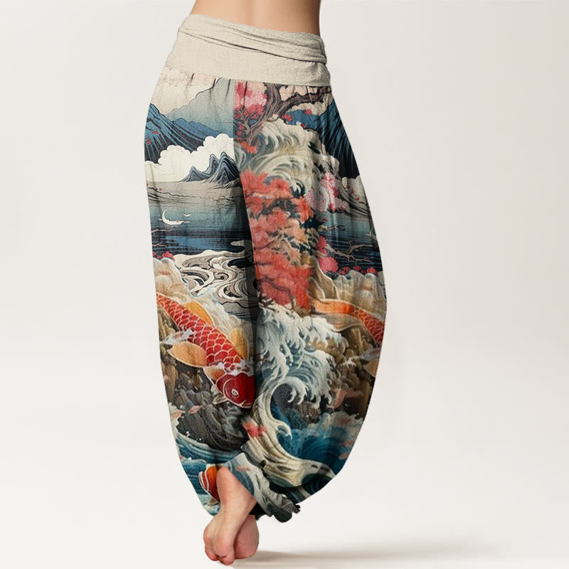 Pantalones harén con cintura elástica para mujer, diseño informal con diseño de Buddha Stones, árbol floreciente, peces koi, olas y montañas - image 1