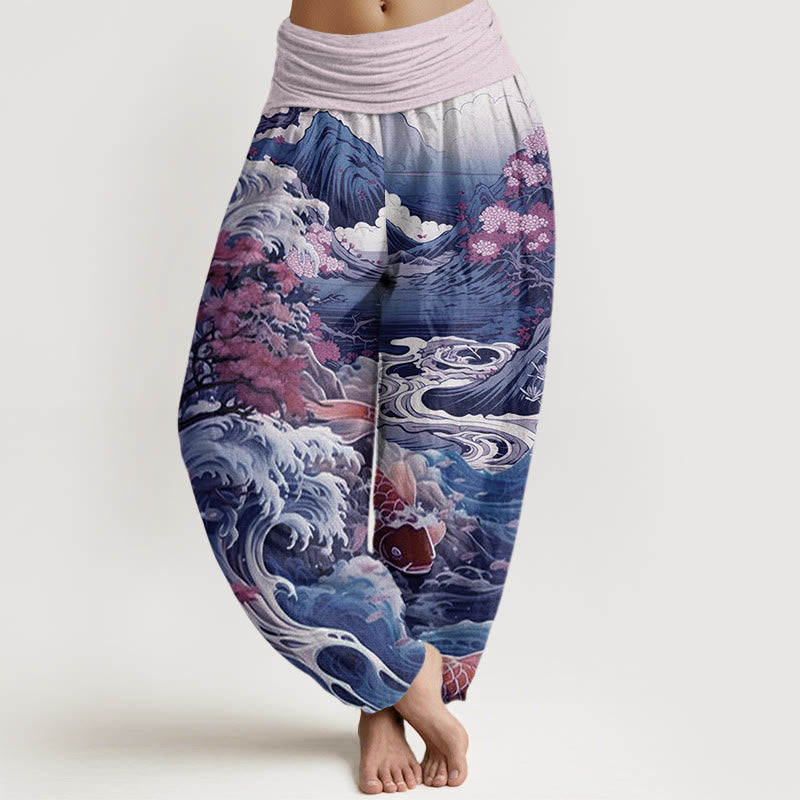 Pantalones harén con cintura elástica para mujer, diseño informal con diseño de Buddha Stones, árbol floreciente, peces koi, olas y montañas - Ciruela - US22,UK/AU26,EU54 (6XL) - image 4
