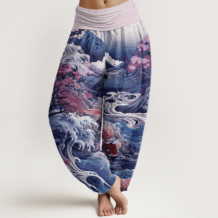 Pantalones harén con cintura elástica para mujer, diseño informal con diseño de Buddha Stones, árbol floreciente, peces koi, olas y montañas - Ciruela - US22,UK/AU26,EU54 (6XL) - image 4