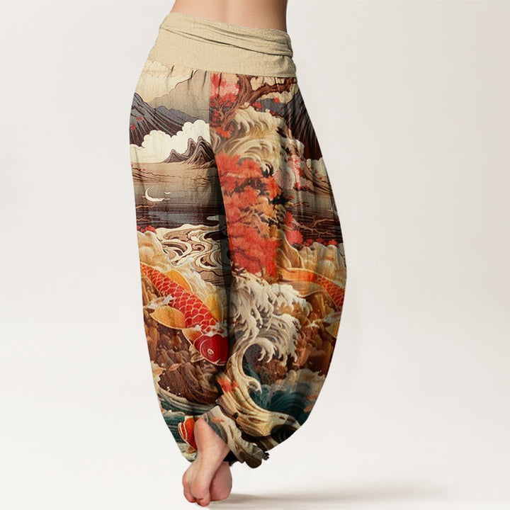 Pantalones harén con cintura elástica para mujer, diseño informal con diseño de Buddha Stones, árbol floreciente, peces koi, olas y montañas - image 8