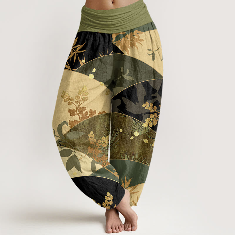 Pantalones harén de cintura elástica para mujer con estampado de hojas semicirculares y Buddha Stones - Verde oliva - US22,UK/AU26,EU54 (6XL) - image 8