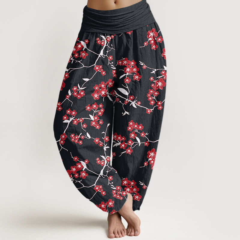 Pantalones harén con cintura elástica para mujer con estampado de flor de melocotón rojo y Buddha Stones - Negro - US22,UK/AU26,EU54 (6XL) - image 8