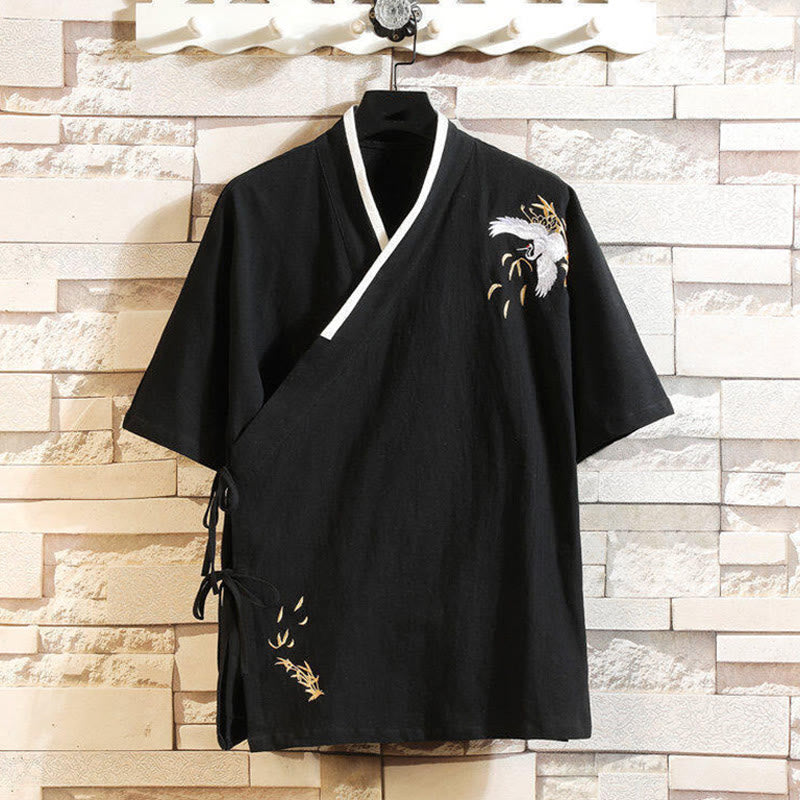 Camiseta de manga corta de lino y algodón para hombre con traje Tang con bordado de grulla y Buddha Stones , con cordones laterales - Negro - US/UK/AU46, EU56 (5XL) - image 0